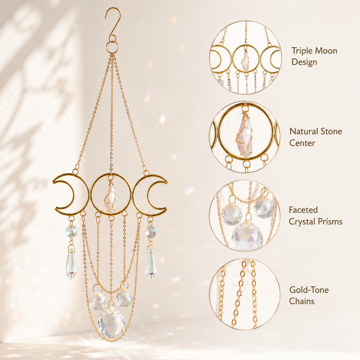 Bohemian Moon Crystal Suncatcher, Hanging Crystal Decoration for Window