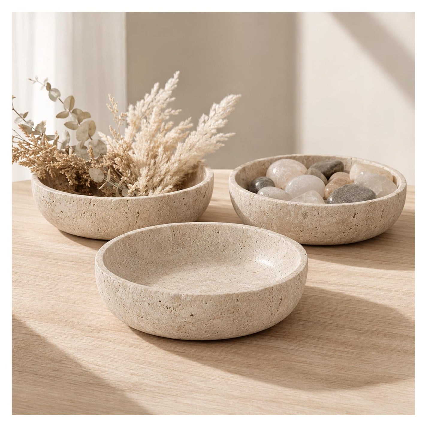 Natural Travertine Decorative Bowl 7.8", Travertine Bowl & Natural Stone Centerpiece for Coffee Table Decor, Ring Tray, For Entryway, Kitchen Fruit Bowl, Potpourri, Dining Table Centerpiece.