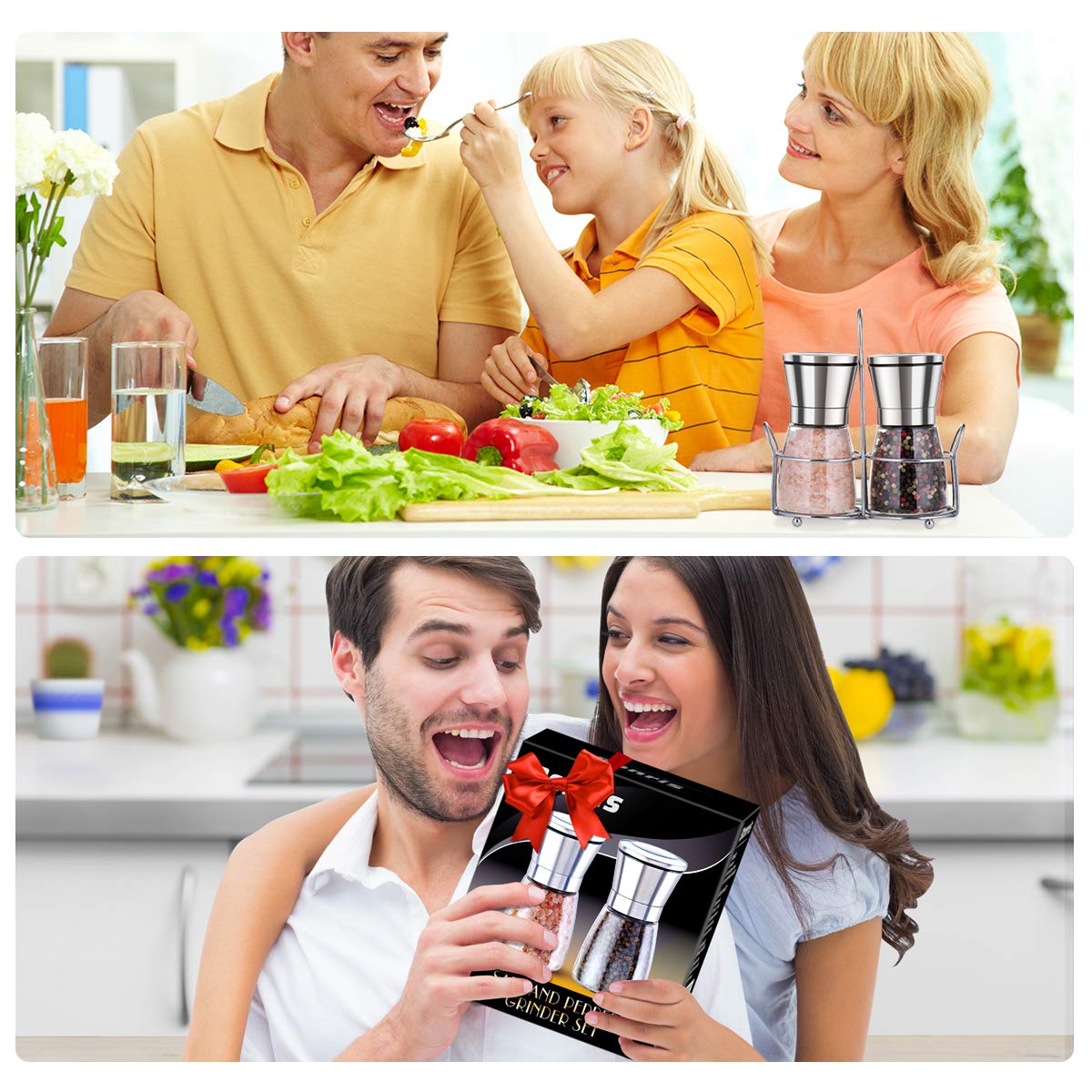 bonris Premium Salt and Pepper Grinder Set with Stand Stainless Steel Manual Spice Adjustable Coarseness with Five Grinding Level Pepper Mill Grinders Shakers Set with Silicone Funnel (Pack of 2)