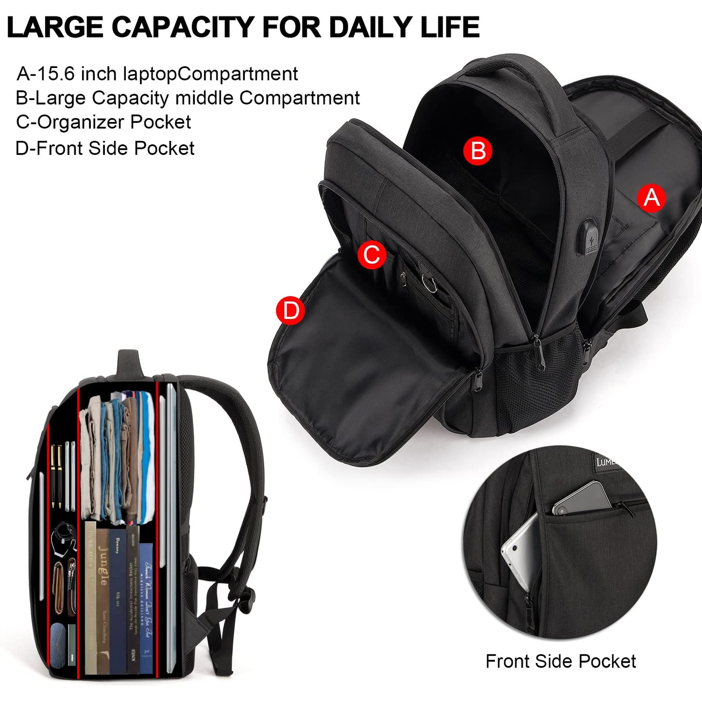 Lumesner Travel Laptop Backpack with USB Charging Port; 15.6 Inch Anti Theft Business Backpack for Men & Women; Water Resistant Computer Rucksack for School/Work/Travel