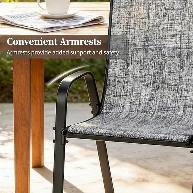 MAMIZO Patio Dining Chairs, Stackable All Weather Teslin Chair, Heavy Duty Outdoor Breathable Chairs Set, w/Armrests, Upgraded Chair FeetW/Strenthened Iron Spacers, 330 LBS (8, Grey)