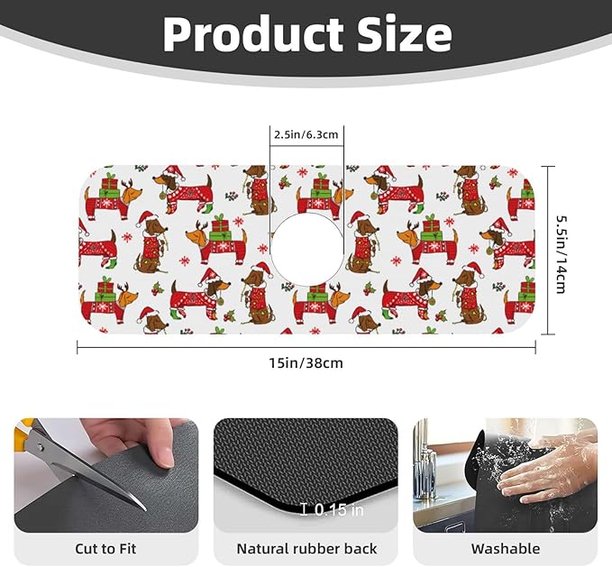 Christmas Dachshund Dog Happy New Kitchen Sink Splash Guard Faucet Mat 1 Pcs