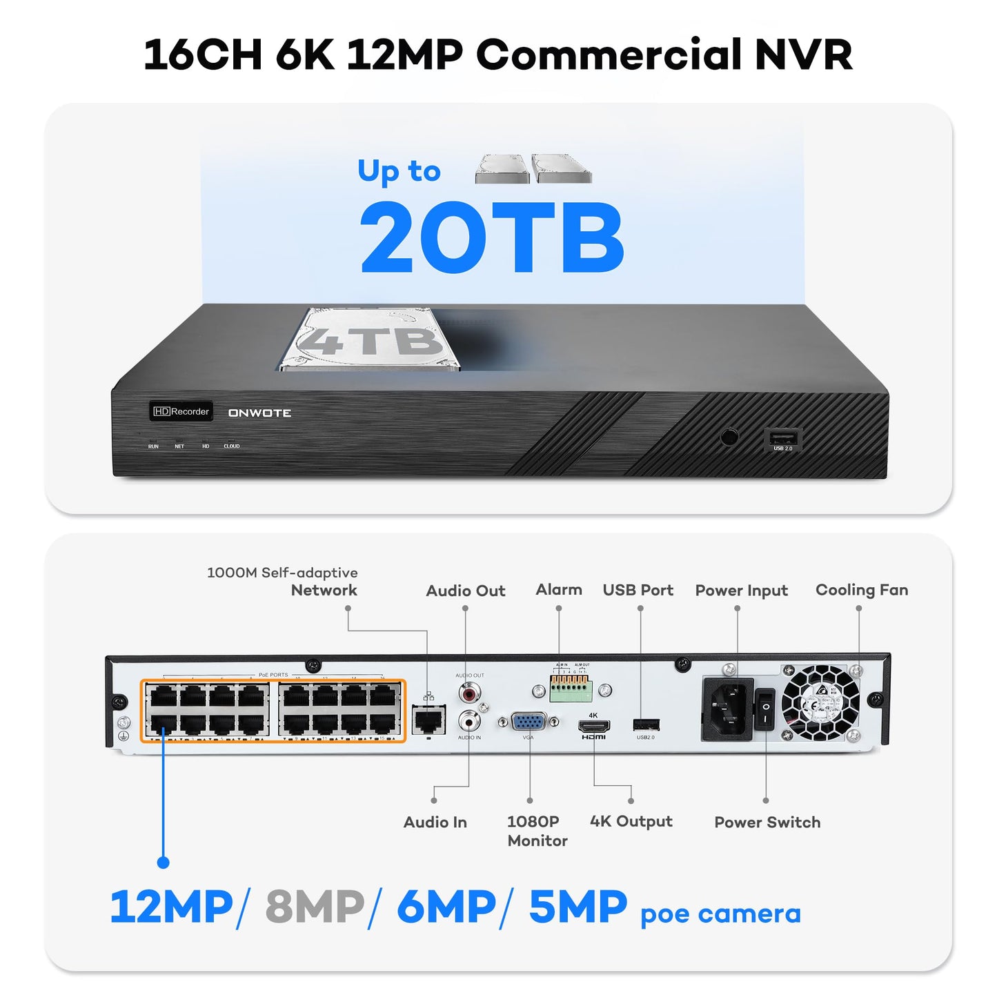 ONWOTE 16 Channel 4K PoE Security Camera System, Face Recognition & AcuSearch, AI Detection, 12MP 16CH Commercial NVR 4TB, 16x 8MP 134° IP Cameras with Audio, Total 1280ft Cables, CCTV for Business