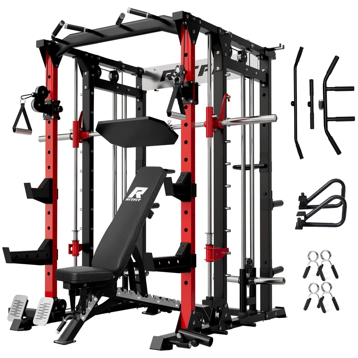 RitFit Buffalo Smith Machine, Power cage with LAT-Pull Down System & Cable Crossover System, All-in-One Squat Rack for Home Gym, Power Rack