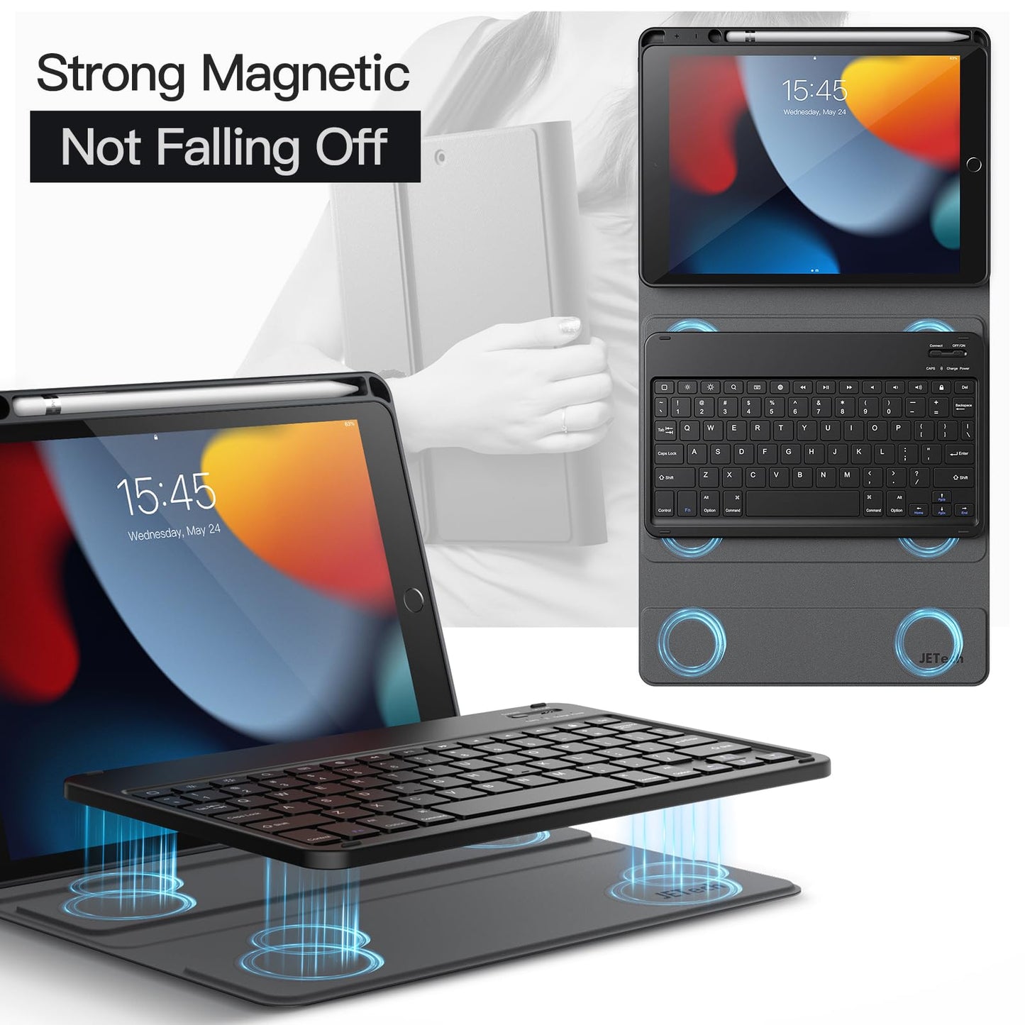 JETech Keyboard Case for iPad 10.2-Inch (2021/2020/2019 Model, 9th/8th/7th Generation) with Pencil Holder, Magnetic Detachable Bluetooth Wireless Keyboard, Soft TPU Back Stand Cover (Black)