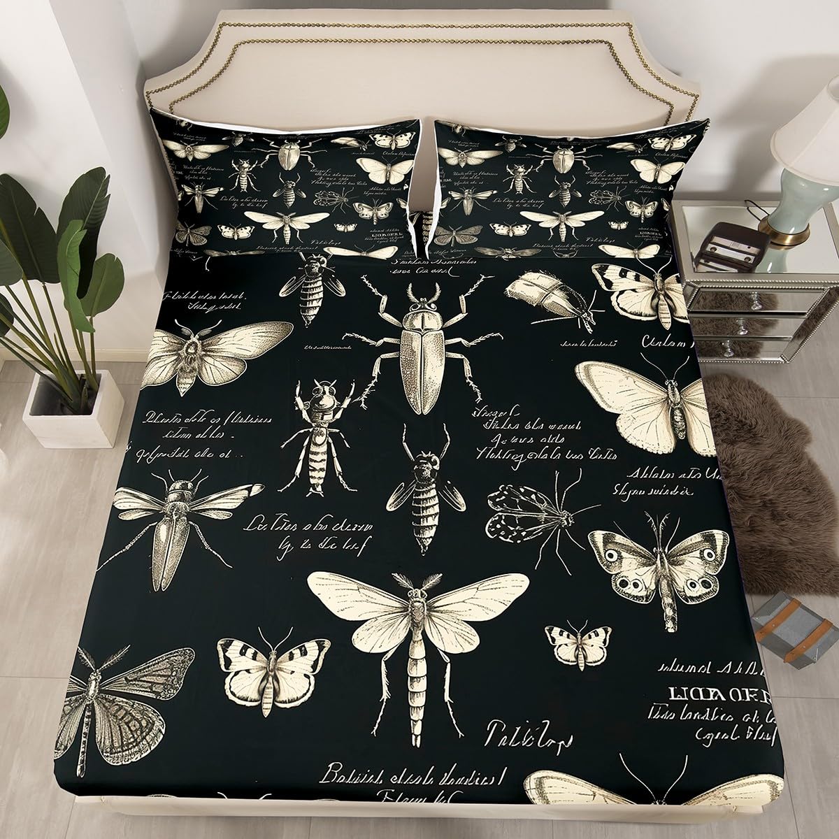 Butterfly Moth Insects Fitted Sheet Full Size,Bug Beetles Entomological Bed Sheet for Kids Boys Teens Men Bedroom Decor,Nature Animal Bedding Set Retro Black Brown Deep Pocket Sheet,2 Pillowcases