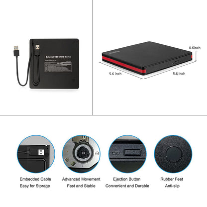 Rioddas External CD Drive, USB 3.0 Portable CD/DVD +/-RW Drive Slim DVD/CD ROM Rewriter Burner for Laptop Desktop PC Windows and Linux OS Apple Mac Macbook Pro