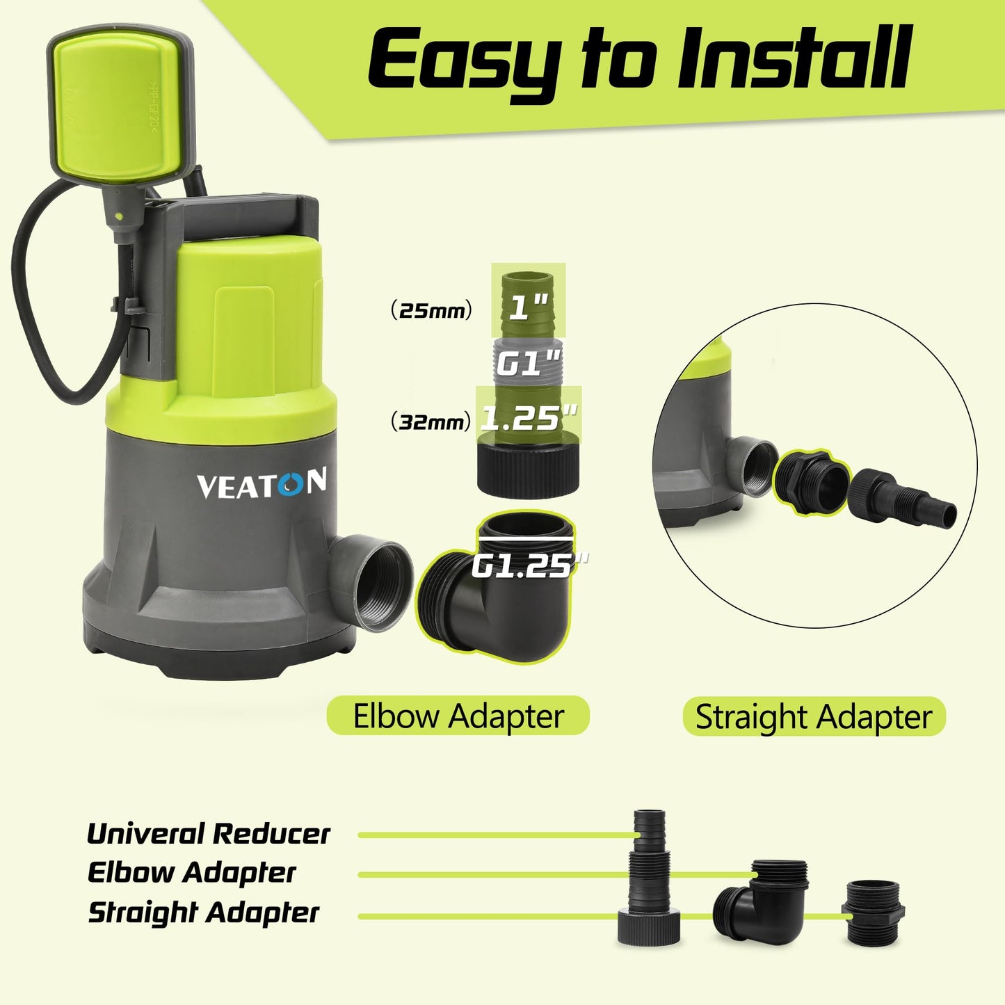 VEATON 400W Electric Submersible Water Pump for Clean Water, Max Flow 11000L/H Compact Utility Pump, Drain Water from Garden Pond Swimming Pool Hot Tub with Float Switch and Hose Connector