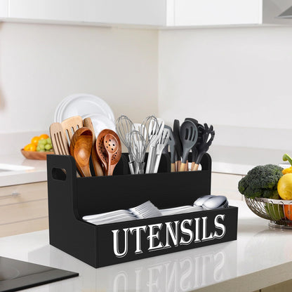 Suli Kitchen Utensils Holder, Wooden Utensil Organizer for Kitchen Countertop, Farmhouse Utensil Storage, Rustic Cooking Utensils ,4 Compartments,- Black