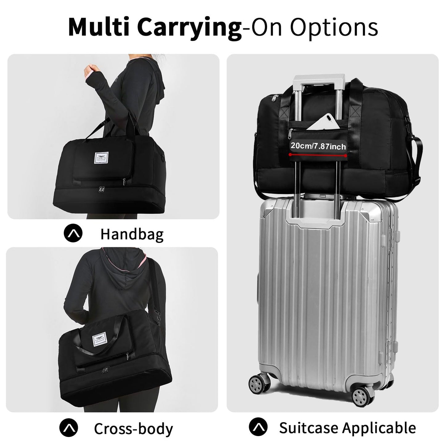FIORETTO Womens Foldable Weekend Bag Overnight Hospital Bag with Shoes Compartment & Wet Pocket, Water Resistant Gym Bag Duffle Bag Travel Bag Holdall for Women Men Black