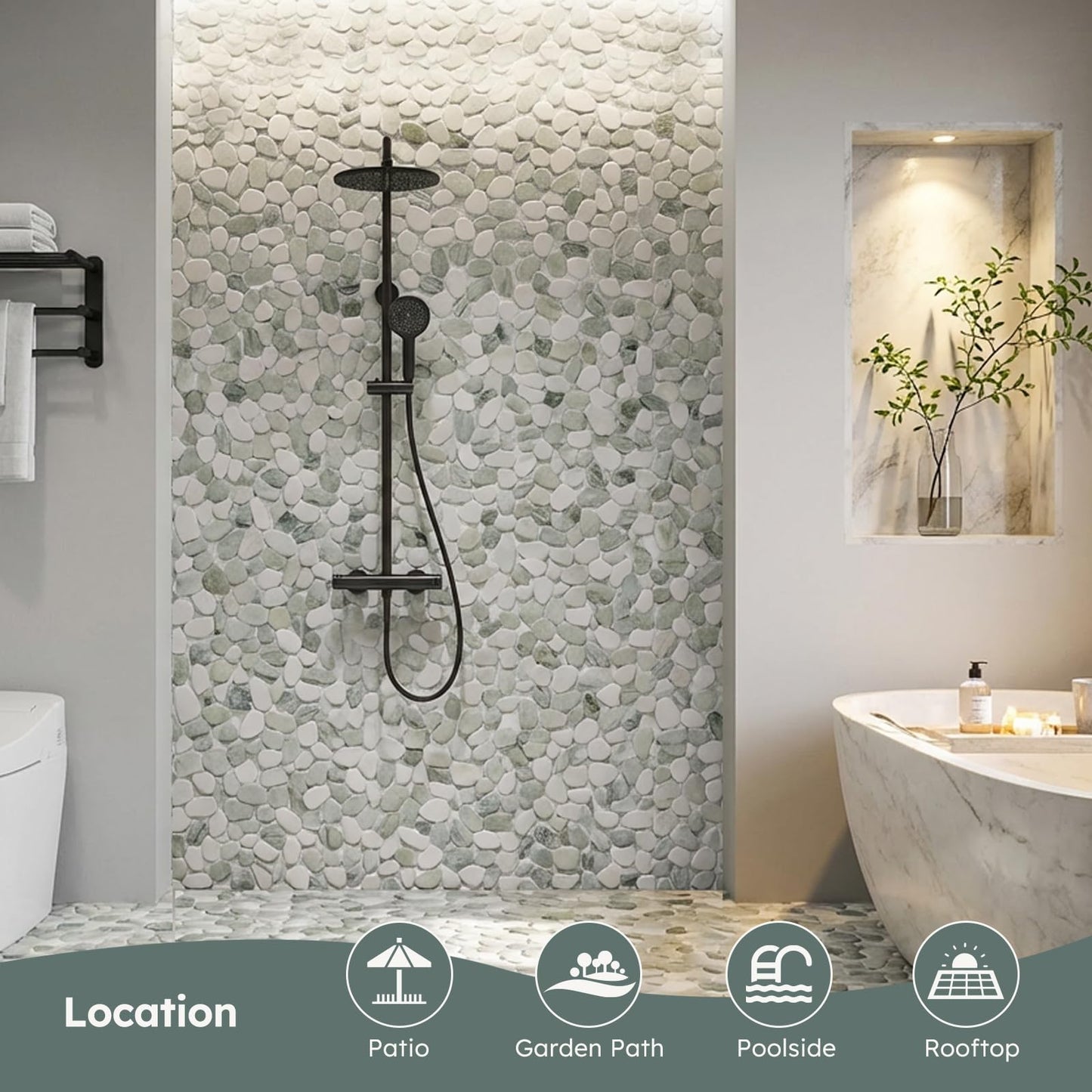 Diflart Natural Pebble Stone Tile for Shower Floor, Emerald Green Oval, 4 Sheets, Sliced Pebble Mosaic Backsplash for Kitchen Bathroom Floor and Wall Tile