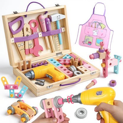 TONZE Pink Wooden Kids Tool Set with Drill 44Pcs Educational Montessori Toys for 3 Year Old Girl, STEM Toys Toddler Tool Set with Apron & Box Birthday Gifts for 3 4 5 6 Year Old Girls