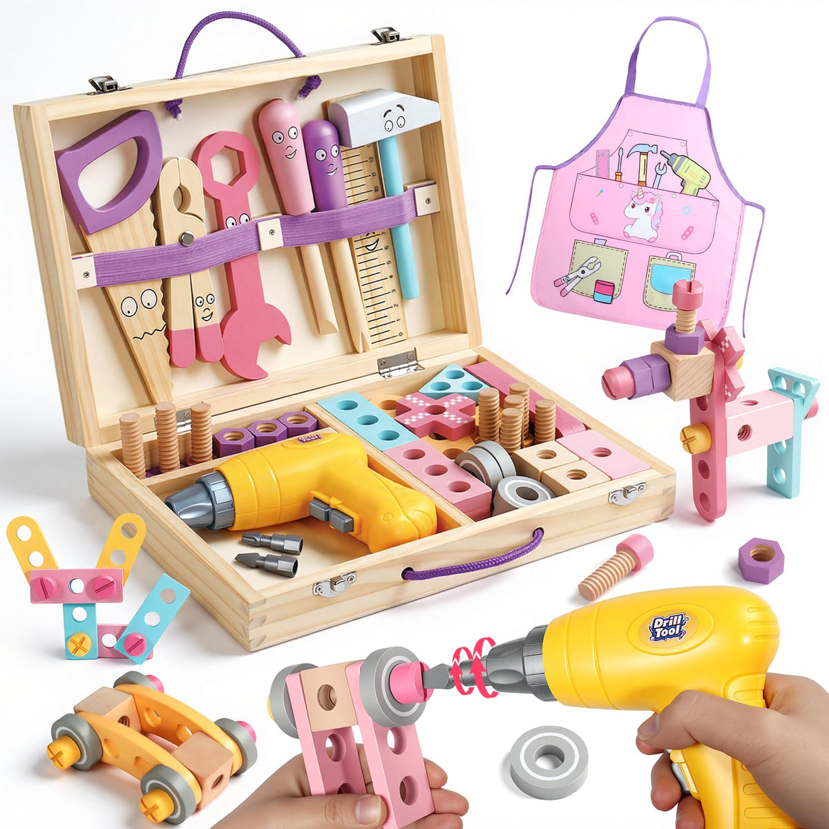 Wooden Kids Tool Set with Drill Montessori Toys for 3 Year Old Girl 44Pcs