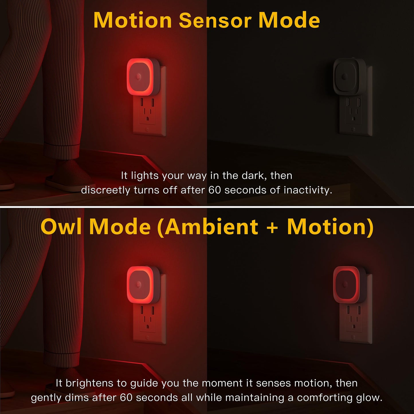 YUNLEX 2 Pack Plug in Red Night Light with Motion Sensor & Dusk to Dawn Sensor, Soft Glow, 0% Blue Light, Dimmable, Auto On/Off, 3 in 1 LED Lights for Bedroom, Kids, Bathroom, Hallway, as Father Gifts