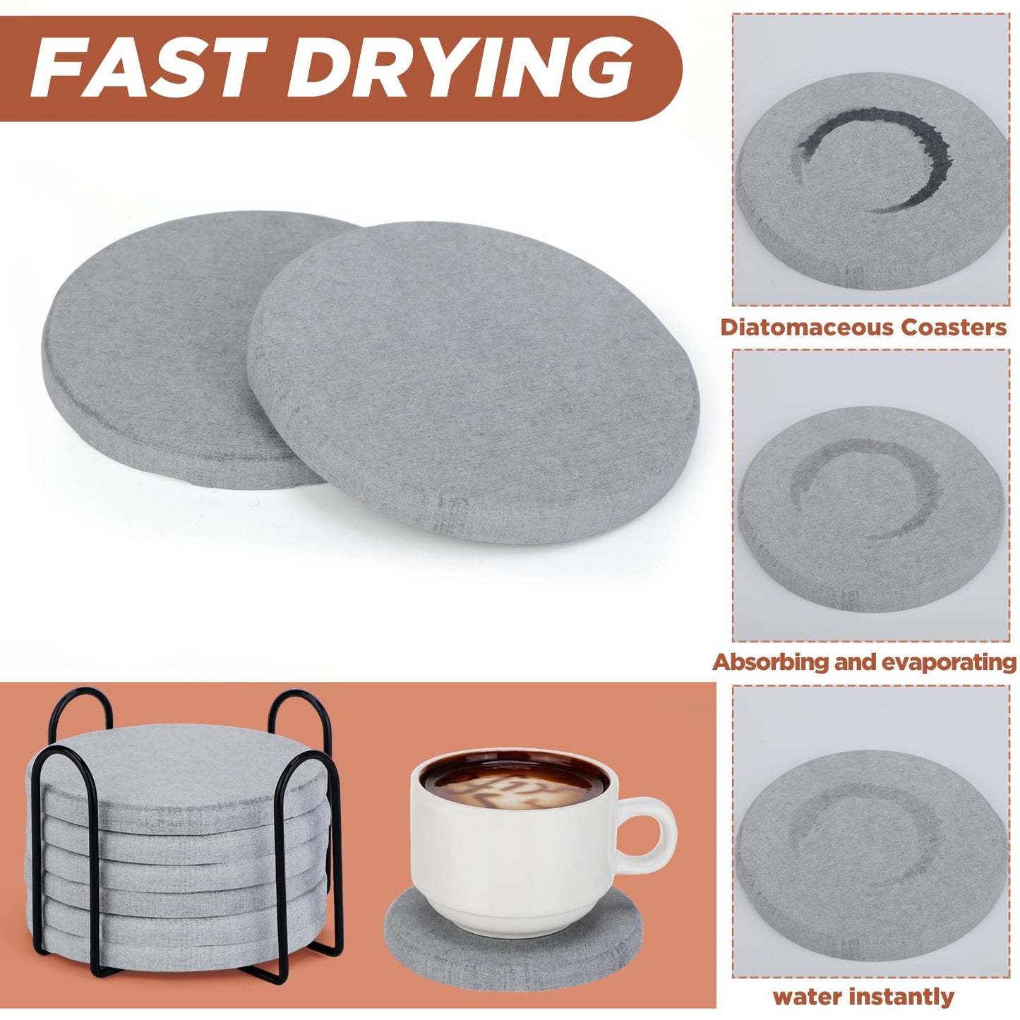 Yaomiao Diatomaceous Earth Coasters Set of 6 Absorbent Coasters with Holder 4 Inch Grey Coaster for Drinks Thick Diatomite Coaster for Home Decorations Coffee Bar Accessories Table Countertop