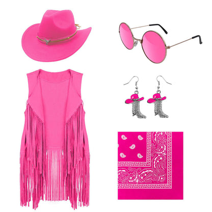 HyperFun Cowgirl Outfits for Women Western Costume Accessories Cowboy Hat Tassels Fringe Vest Earring Hippie Glasses Bandana For Halloween