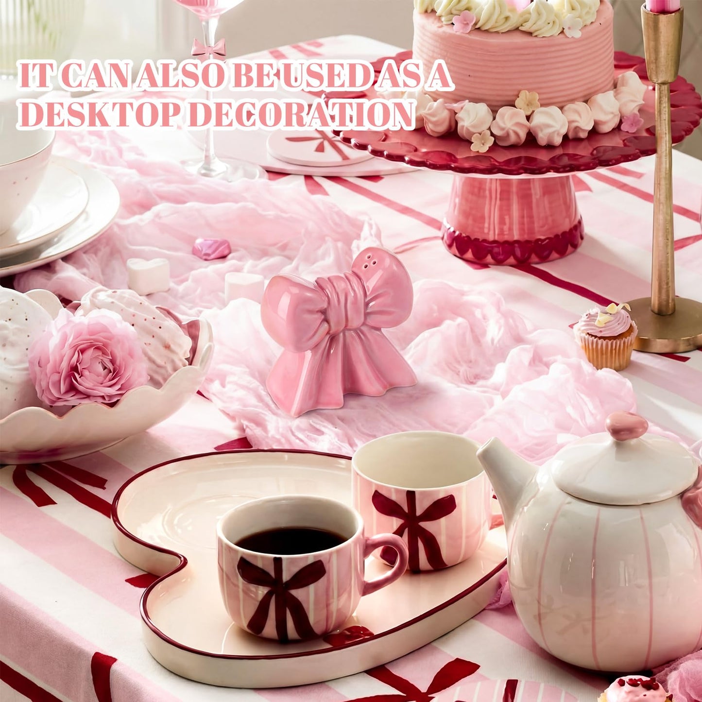 LemonRoad 2 Pcs Pink Bow Salt and Pepper Shakers Set Cute Bow Ceramic Decorative Salt and Pepper Shaker Set Coquettish Preppy Decor for Kitchen Dinner Table Party Funny Novelty Gift
