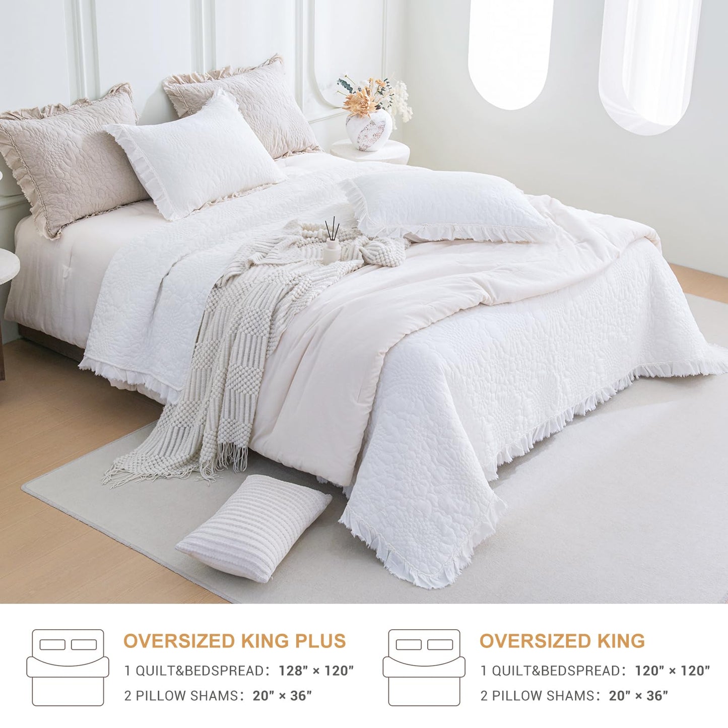 QSH Bright White Stonewashed Cotton Oversized King Quilt Bedspread Set(120"x120"),3PCs Shabby Ruffled Quilt California King,Ultra Soft Lightweight Crinkled Farmhouse Chic Bedspread Coverlet Bed Set