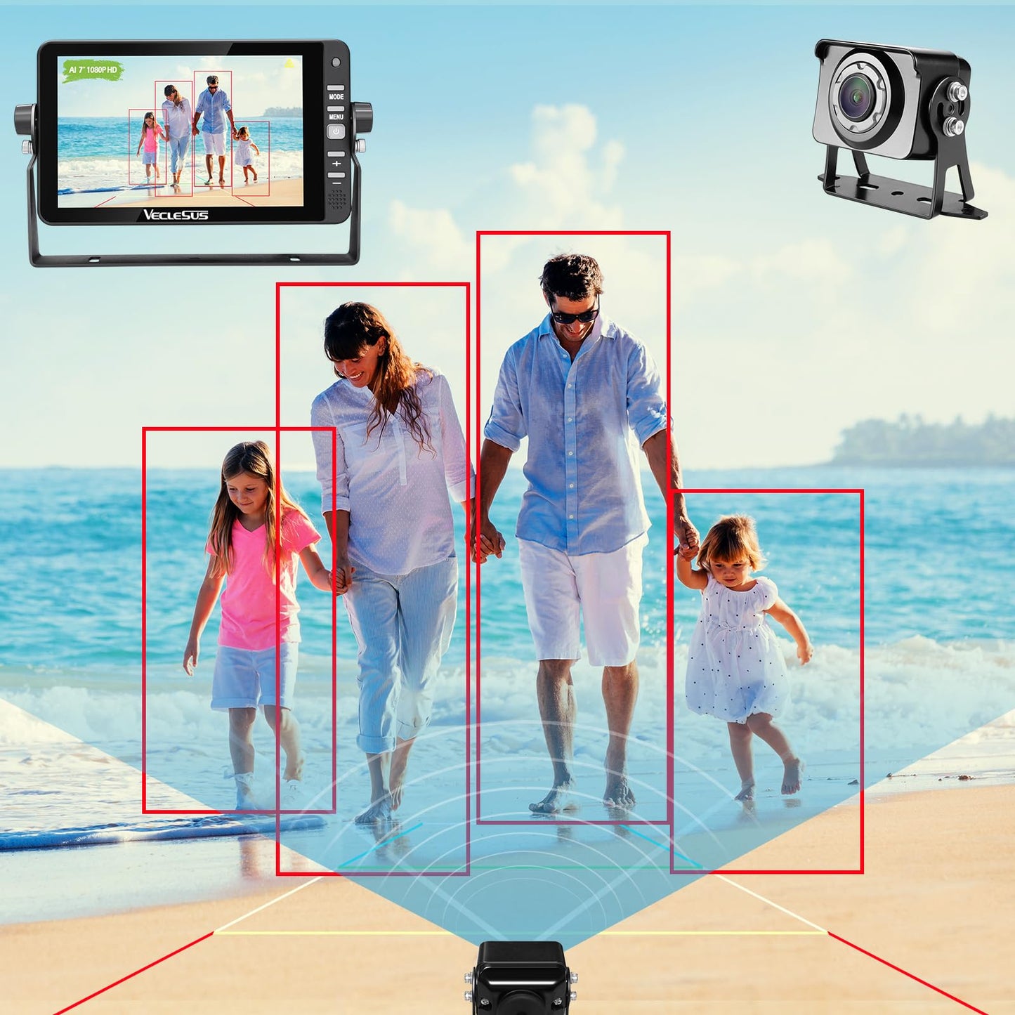 Backup AI Camera for Trucks,VAS Wire Reversing AI Camera System 7-inch 1080P HD Monitor 3 Video 2 Audio Inputs with Automatic Pedestrian&Vehicle Detection,Adjustable Reverse Guidelines