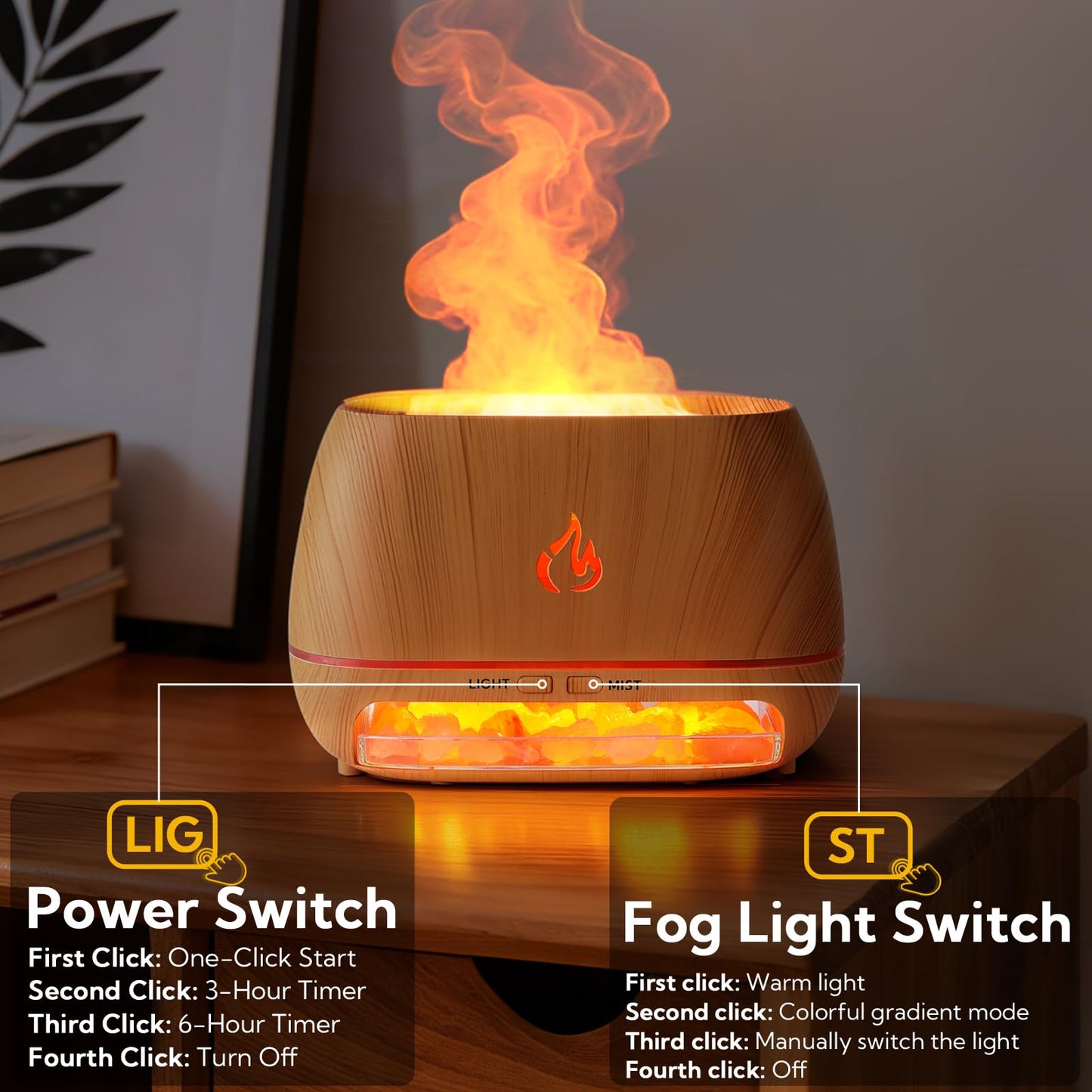 4 Pack Flame Diffuser Essential Oil Diffuser with Cool Mist Himalayan Salt Lamp 7 Colors LED Light 200ml Ultrasonic Aroma Diffusers for Bedroom Office Spa Yoga Room Gift,Wooden Grain