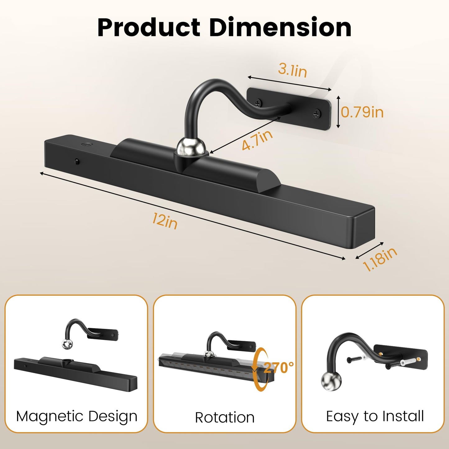 Craftersmark Wireless Picture Lights 12", 4400mAh Battery Powered Cordless Wall Lights, 2Pack Dimmable Remote Timer for Painting Artwork Living Room (Black)
