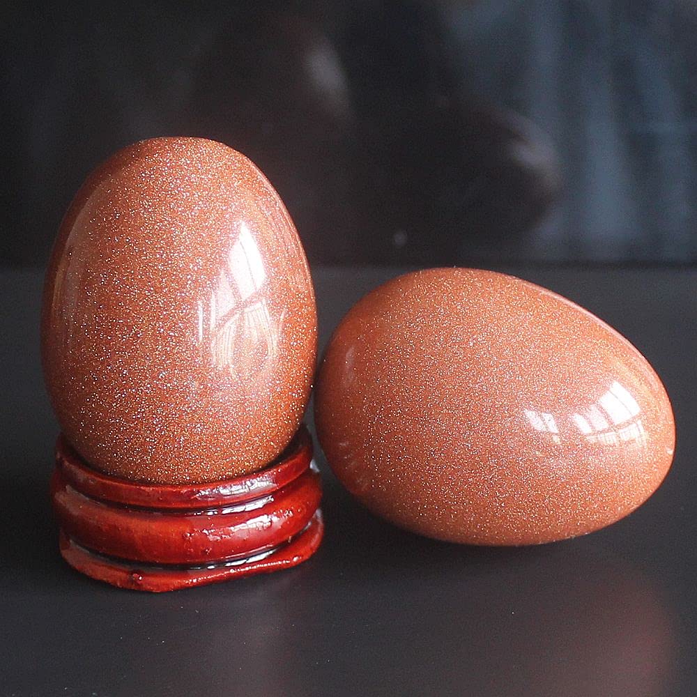 40x30mm Mixed Quartz Gemstone Crystal Egg with Wood Stand Home Decor Chakra Stone Reiki Healing (Goldstone)