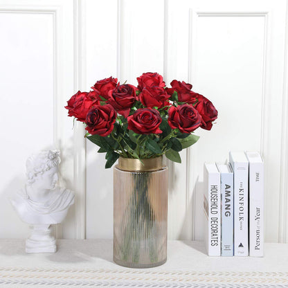 Tifuly 12 PCS Artificial Roses, 19.68'' Single Long Stem Fake Rose Silk Bridal Wedding Bouquet Realistic Flower for Home Garden Party Hotel Office Decor(Blossom Roses,Burgundy)