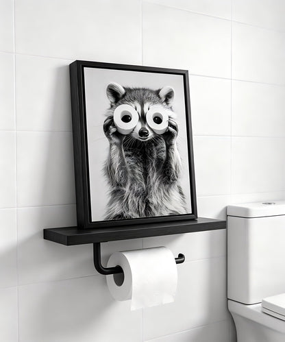 Framed Adorable Raccoon Bathroom Canvas Wall Art Toilet Paper Raccoon Wall Decor Pictures Funny Black and White Bathroom Animal Posters Prints for Restroom Home Decoration 8x10in