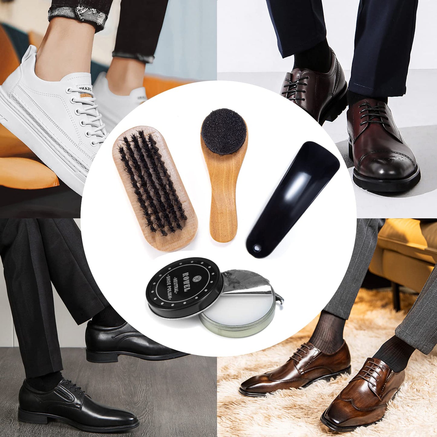 YUET Shoe Polish Kit Cleaning Shine Care Barrel Set For Brown Black Leather With Brush Travel Case Luxury Premium Soft Horsehair Bristle Dauber, Wooden Applicator, Shoehorn, Cloth 7 Piece