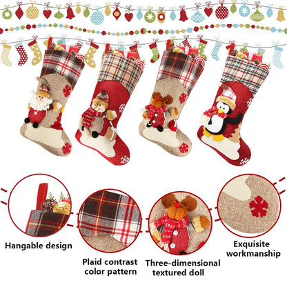 Dreampark Christmas Stockings Bulk 4 Pcs - 18" Classic Xmas Stockings Set of 4 - Santa Snowman Reindeer Penguin Christmas Stocking Decorations Home Decor Party Supplies & Kids Gifts