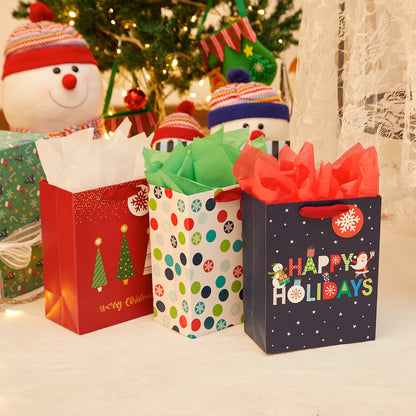 SUNCOLOR Small Christmas Gift Bags with Tissue Paper, 6 Pack Holiday Theme Bags in 3 Festive Designs, 7x9x4 Inches, Red Navy White with 12 Sheets Tissue Paper