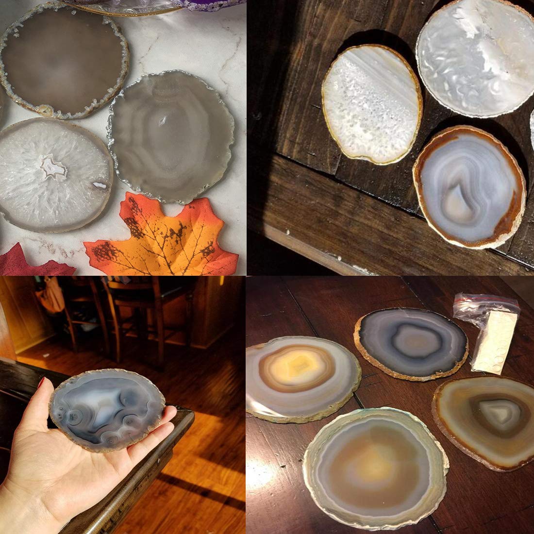 JIC Gem Natural Sliced Agate Coaster with Rubber Bumper Set of 4 (3-3.5", Natural)