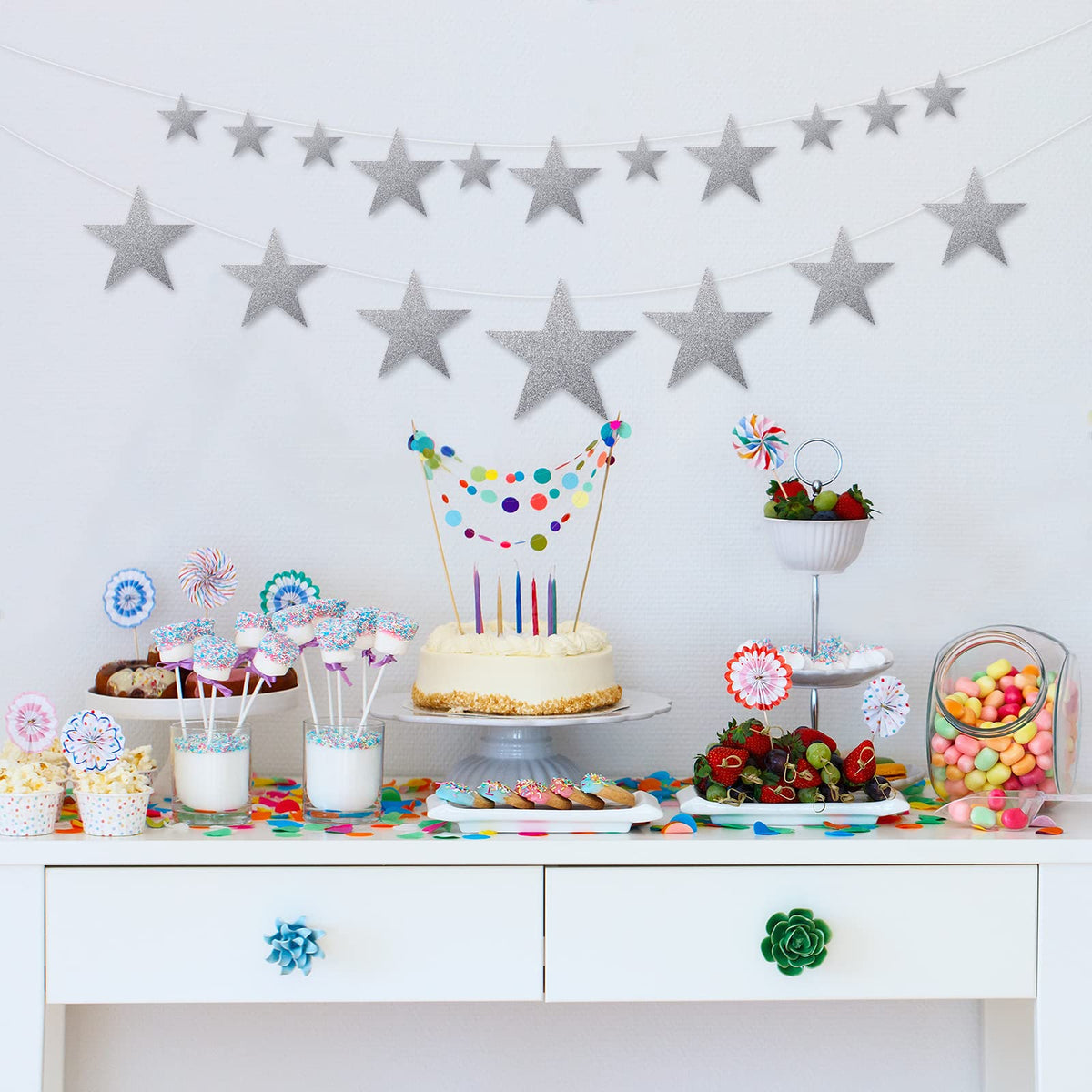 Boao 144 Pieces Silver Stars Shaped Cutouts Silver Cardboard Stars 4 Sizes 6cm/12cm/20cm/30cm Hanging Glitter Garlands with Nylon String for Wedding Birthday Party Graduation Classroom Wall Decor