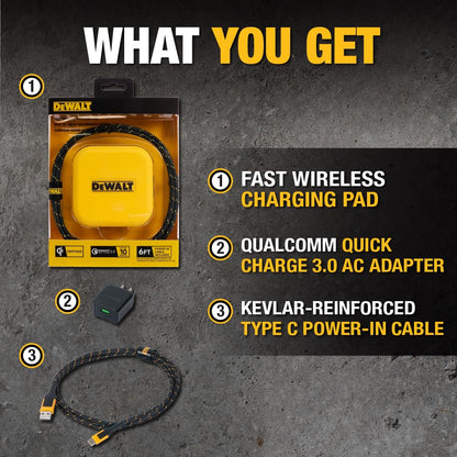 DEWALT Heavy Duty Wireless Charger, 10W Max Fast Wireless Charging Pad Compatible with iPhone 17/16/15/14/13/12/11/X/8 Pro Max Plus Samsung Galaxy S22/S21 AirPods (Type C Cable/AC Adapter Included)