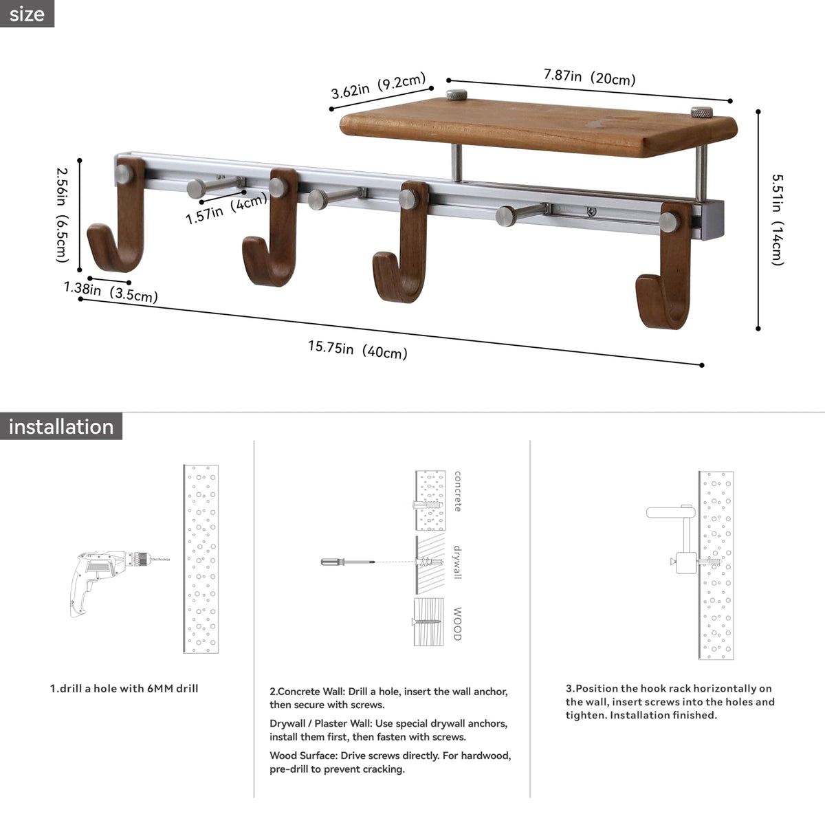 XAOHOME Wall Mounted Coat Rack with Shelf, Modular Entryway Hooks Organizer, Adjustable Aluminum Rail with Wooden Hooks, Expandable Storage for Entryway, Hallway, Mudroom