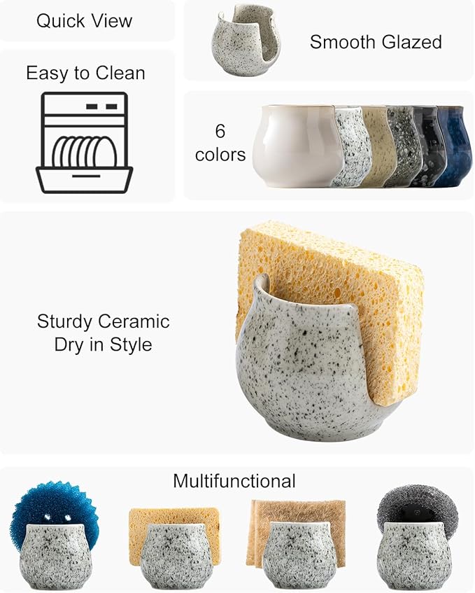 Sponge Holder for Kitchen Sink, Ceramic Dish Sponge Dish Rack Scrubby Caddy