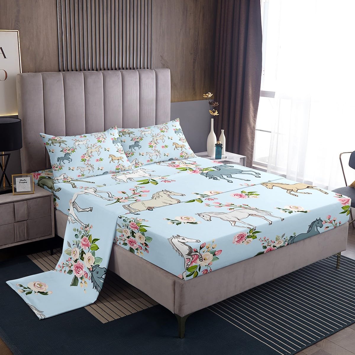 Horse Sheet Set Full Size, Farmhouse Western Cowboy Cowgirls Bed Sheets for Kids Boys Girls Teens, Cartoon Kawaii Horse Bedding Set, Rustic Rose Floral Fitted Sheet + Flat Sheet + 2 Pillow Cases