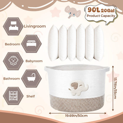LemonRoad Extra Large Basket 20"x14", Woven Baby Laundry Blanket Basket Toy Box with Handle Storage, Blanket Storage for Living Room Nursery Pillows Chest(Cotton Rope,Elephant,Brown)
