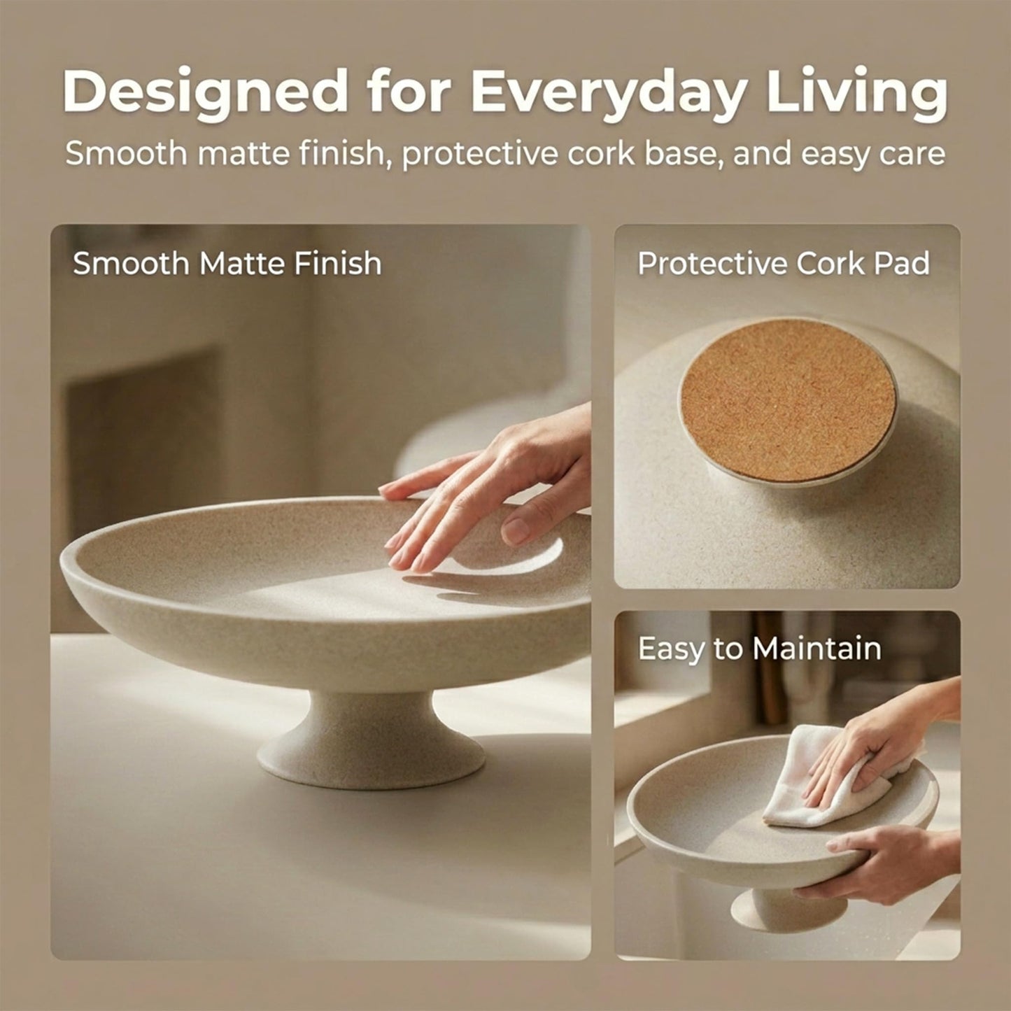 HFWDGTAO Beige Decorative Fruit Bowl, 11.45" Large Modern Pedestal Bowl for Kitchen Counter, Coffee Table, Entryway Table, Centerpiece Catch All Key Bowl
