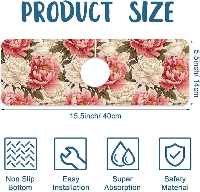 Beautiful Peony Sink Splash Guard Bright Peonies Faucet Absorbing Mat Fast