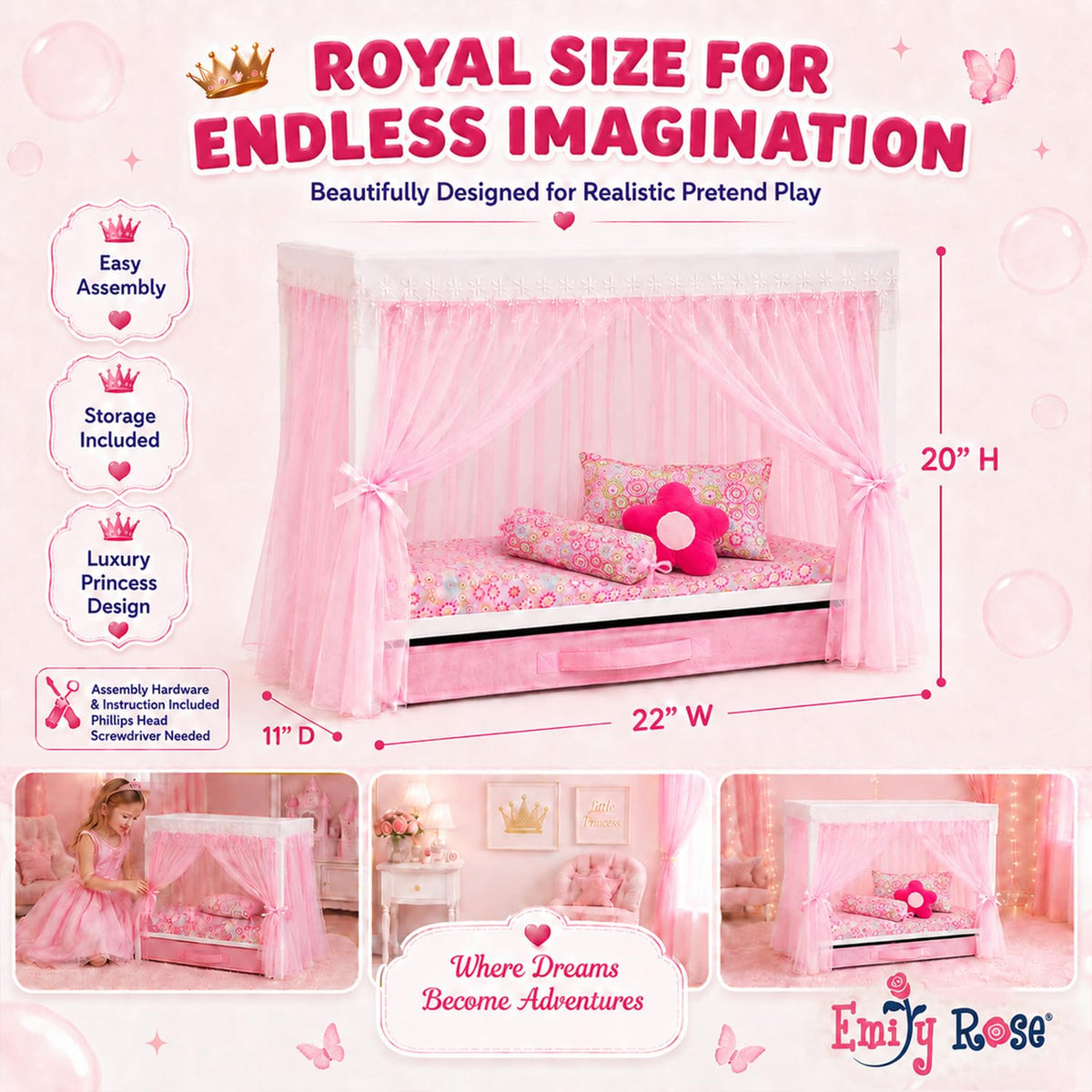 Emily Rose 18" Doll Princess Canopy Bed - White Wood with Pink Tulle Curtains, 5-PC Bedding Set & Storage Drawer - Fits American Girl Dolls - Royal Bedroom Furniture