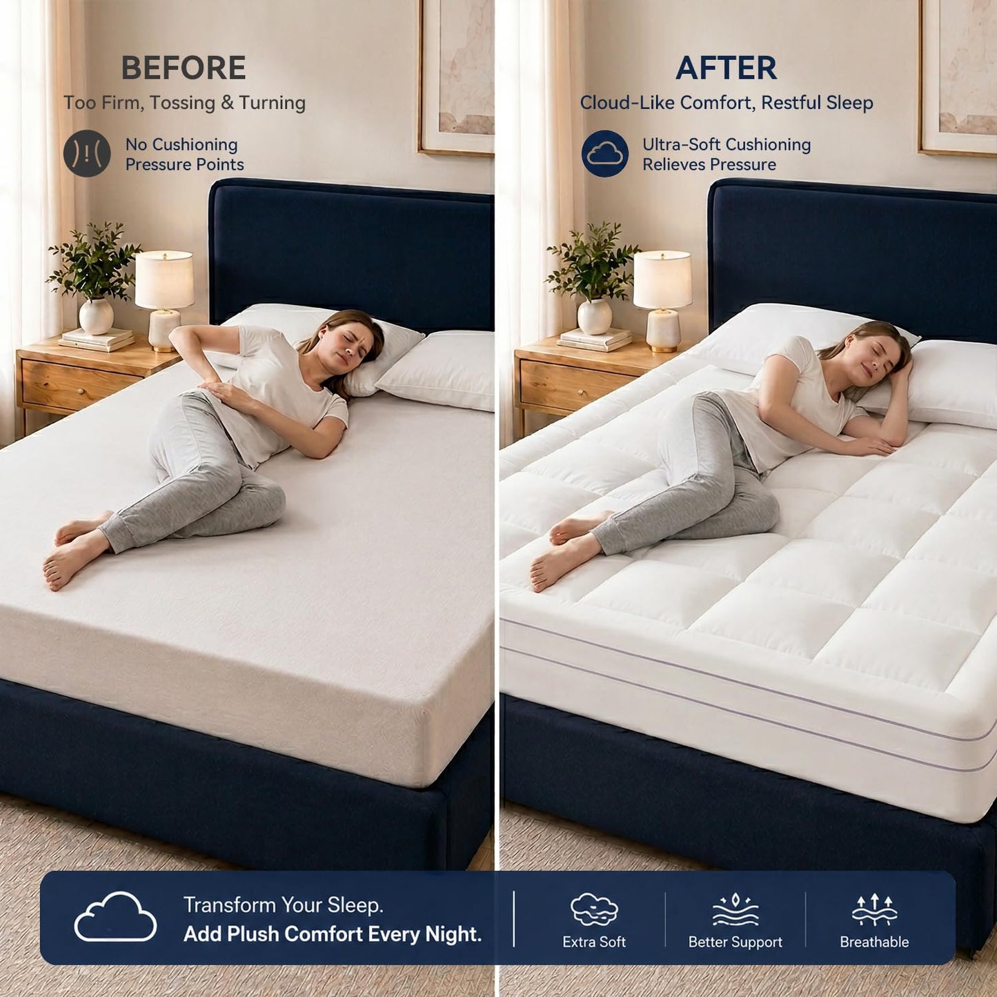 ABENE Queen Size Dual Layer 3 Inch Memory Foam Mattress Topper, 2 Inch Gel Memory Foam Plus 1 Inch Down Alternative Pillowtop Mattress Pad Cover, Thick Soft Bed Topper Support for Back Pain