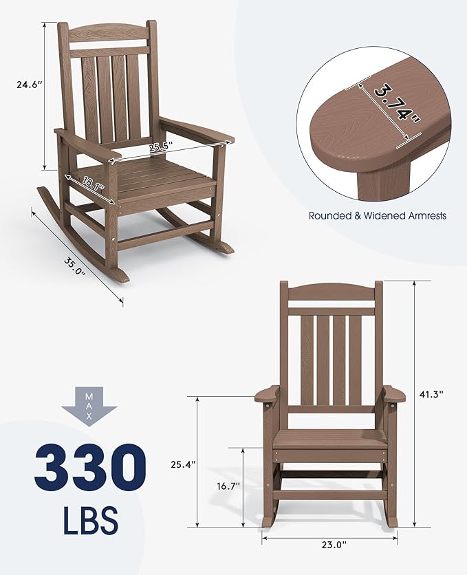 KINGYES HDPE Rocking Chairs Outdoor, Patio Rocking Chairs with 330lbs Support, Smooth Porch Rocker for Deck Lawn Yard, Brown