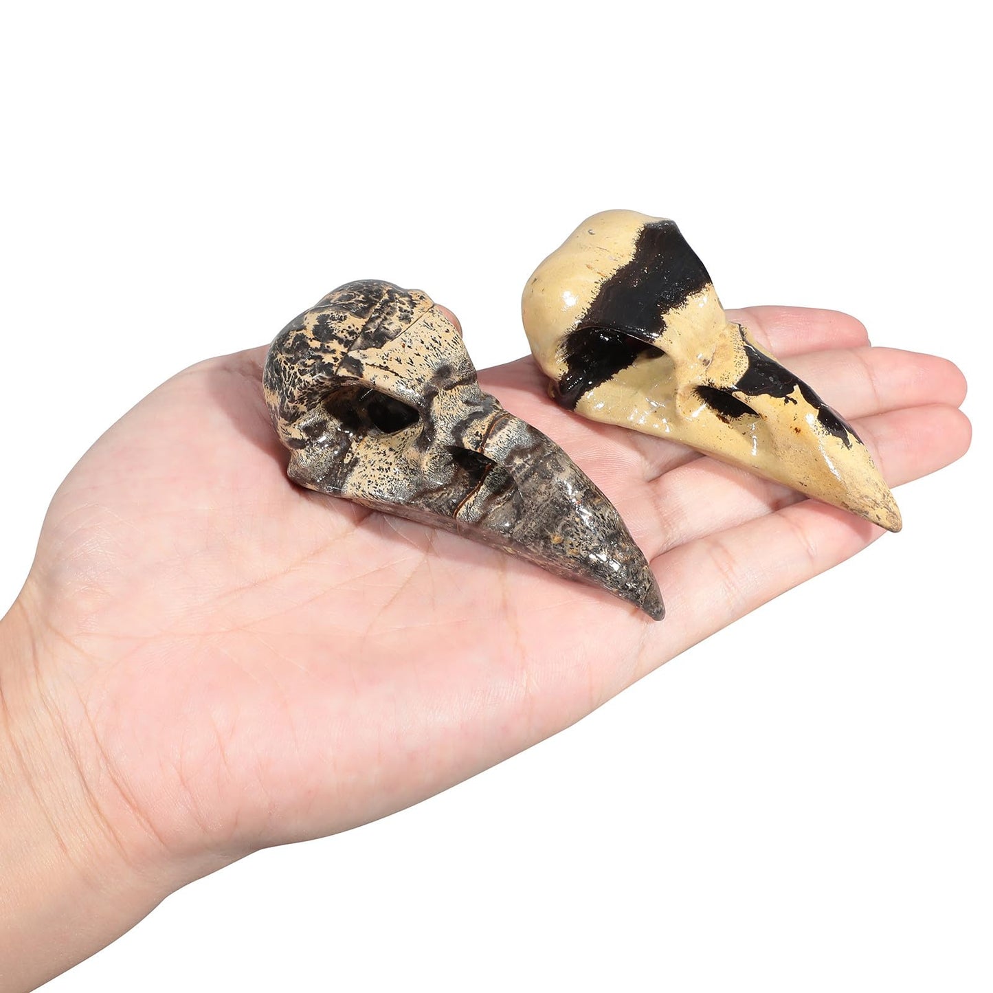 mookaitedecor Natural Grass Flower Jasper Stone Raven Skull Figurine, Gothic Raven Statue Animal Carving Sculpture for Collection Home Decor