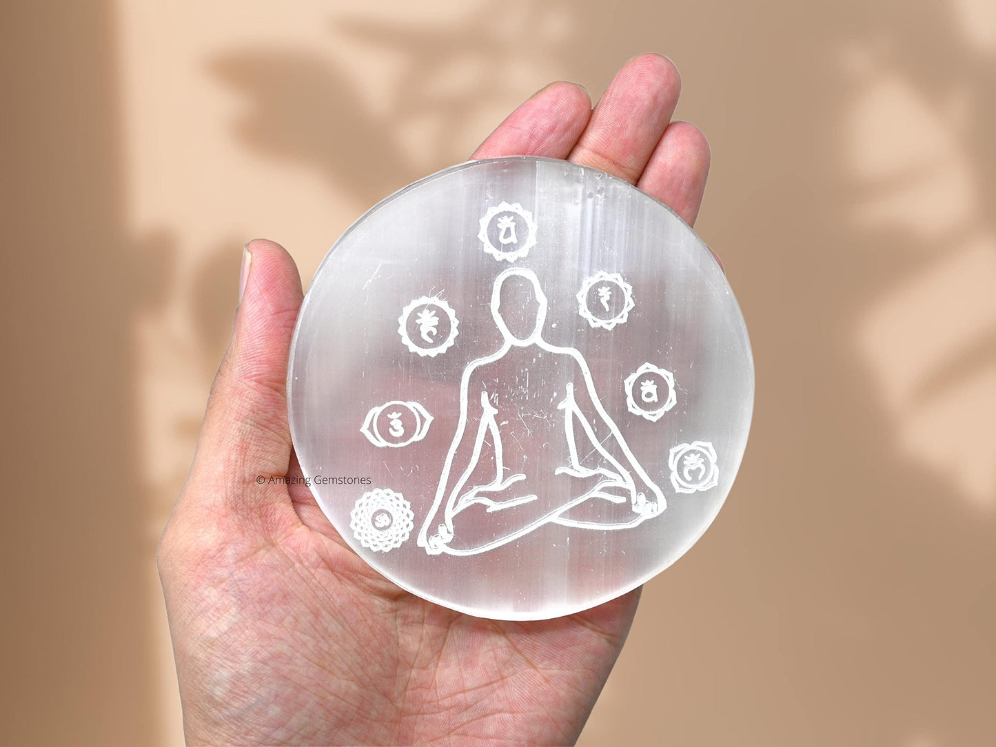 Amazing Gemstone Selenite Crystal Charging Plate for Crystals and Healing Stones, 4" Selenite Crystal Plate Engraved Buddha Coaster for Home, Office Table Decor (Selenite Round Disc)