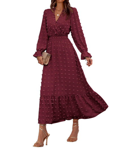 BTFBM Women Fall Maxi Dresses 2025 Long Sleeve V Neck Swiss Dots High Waisted A-Line Ruffle Boho Long Dress Vacation(Wine Red,Small)