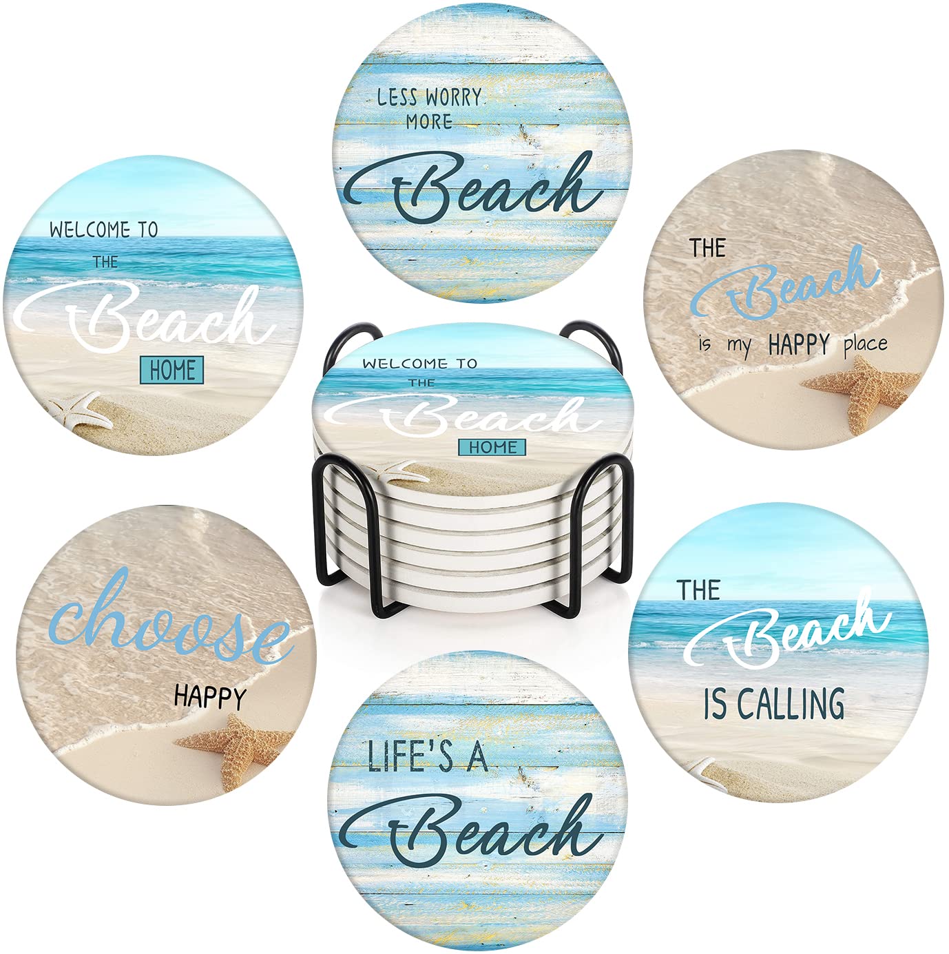 Britimes Coaster for Drinks Set of 6, Beach Shell Antique Teal Blue Table Absorbent Round Ceramic Stone Mat, with Cork Base and Metal Holder, Gift for Housewarming Room Bar Decor