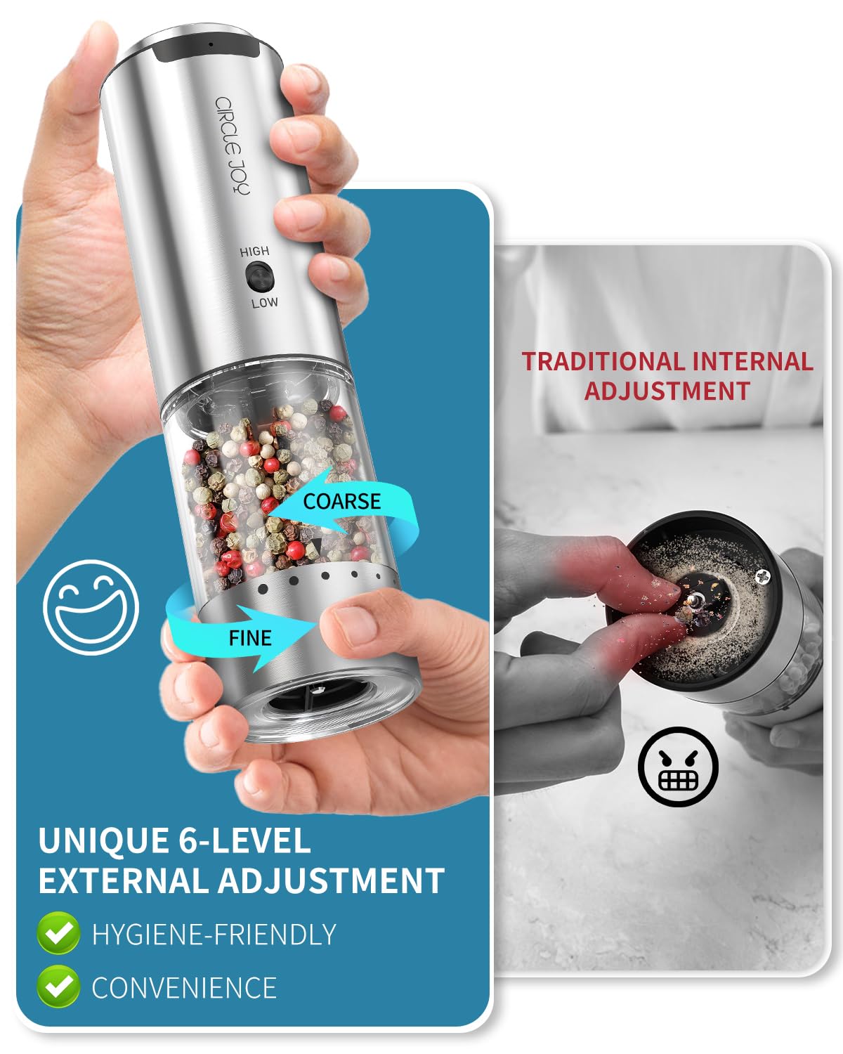 CIRCLE JOY Rechargeable Salt and Pepper Grinder Set Stainless Steel Electric Pepper Grinders with Variable Grinding Speed, External Adjustable Coarseness, Charging Base and White LED Light, Silver