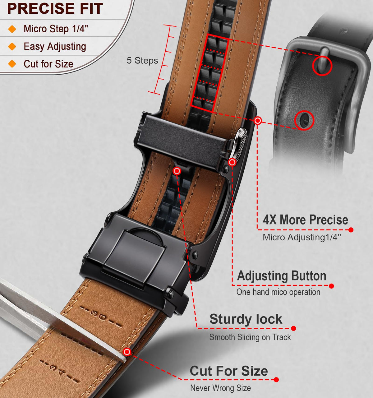 BULLIANT Mens Ratchet Belt,Leather Adjustable Slide Belt For Gift Mens Dress Casual 1 3/8",Size Adjustable(Deep Brown,32"-38" Waist Adjustable)