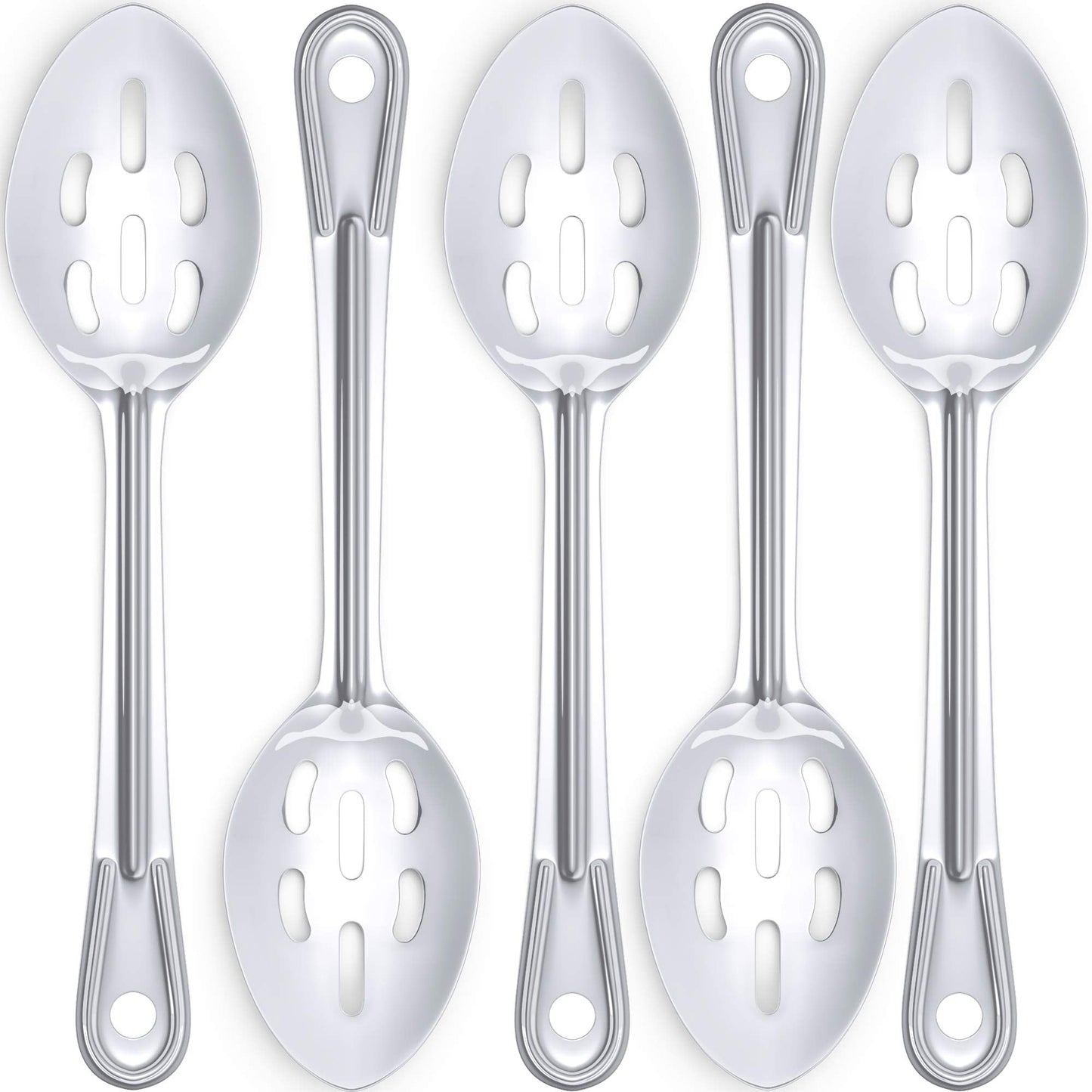 Super Strong, Ergonomic 11 in Serving Spoon 5 Pk. Big, Slotted Stainless Steel Spoons for Cooking, Baking and Basting. Best Kitchen Flatware for Buffet and Banquet Service in Restaurants and Homes